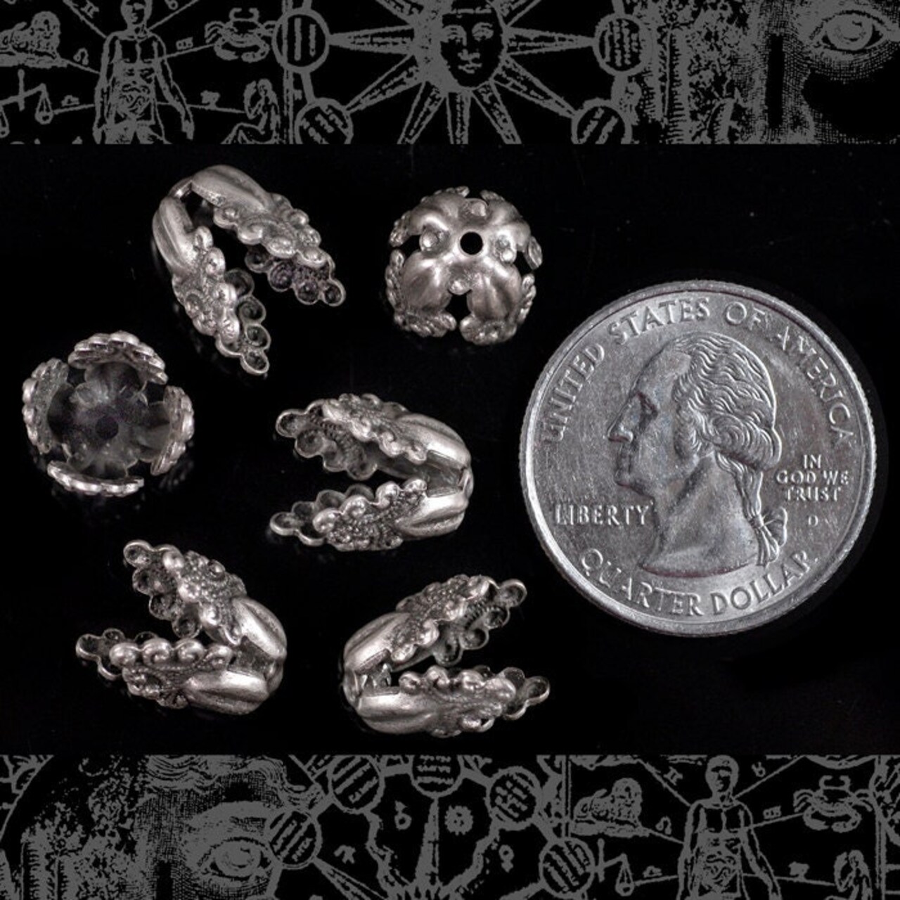 Long Pointed Filigree12mm x 10mm Antiqued Silver Plated Brass Bead Caps - Set of Six - S-BC18